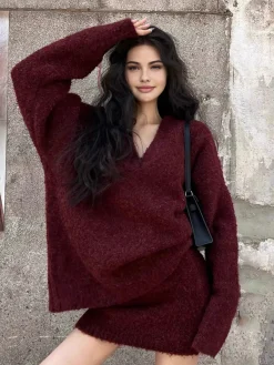 Discount V-Neck Minky Sweater Skirt Set Sweater Tops|Skirts