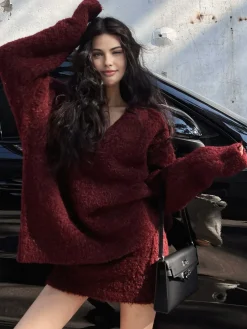 Discount V-Neck Minky Sweater Skirt Set Sweater Tops|Skirts
