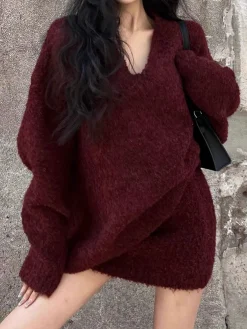 Discount V-Neck Minky Sweater Skirt Set Sweater Tops|Skirts