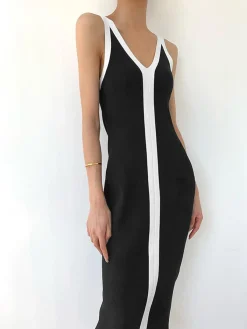 Sale V-Neck Monochrome Long Dress Black Dresses|Sweater Dresses