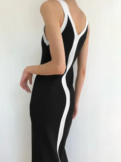 Sale V-Neck Monochrome Long Dress Black Dresses|Sweater Dresses
