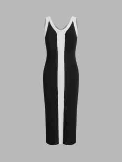Sale V-Neck Monochrome Long Dress Black Dresses|Sweater Dresses