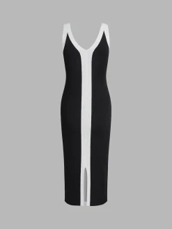 Sale V-Neck Monochrome Long Dress Black Dresses|Sweater Dresses