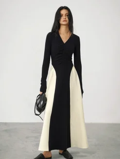 V-Neck Panel Pleated Long Dress Black Dresses|Cocktail & Party Dresses