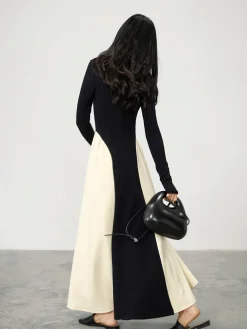 V-Neck Panel Pleated Long Dress Black Dresses|Cocktail & Party Dresses