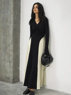 V-Neck Panel Pleated Long Dress Black Dresses|Cocktail & Party Dresses