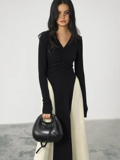 V-Neck Panel Pleated Long Dress Black Dresses|Cocktail & Party Dresses