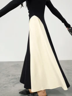 V-Neck Panel Pleated Long Dress Black Dresses|Cocktail & Party Dresses