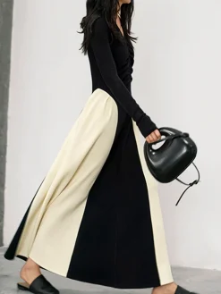 V-Neck Panel Pleated Long Dress Black Dresses|Cocktail & Party Dresses