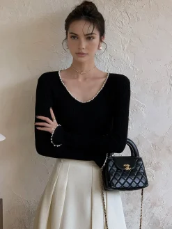 New V-Neck Pearl Trim Knit Top Sweater Tops|Sweaters & Cardigans