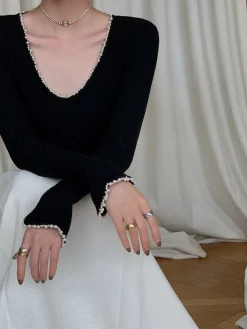 New V-Neck Pearl Trim Knit Top Sweater Tops|Sweaters & Cardigans