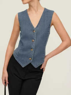 Sale V-Neck Piping Button Denim Vest Outerwear|Vests