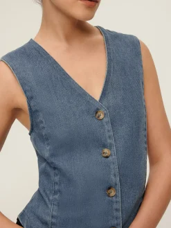 Sale V-Neck Piping Button Denim Vest Outerwear|Vests