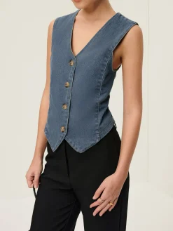 Sale V-Neck Piping Button Denim Vest Outerwear|Vests