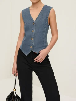 Sale V-Neck Piping Button Denim Vest Outerwear|Vests