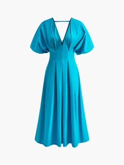 New V-Neck Pleated Bell-Sleeve Dress Casual Dresses|Cocktail & Party Dresses