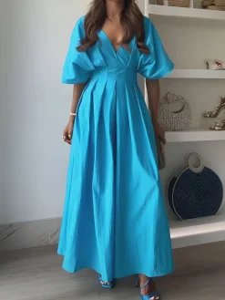 New V-Neck Pleated Bell-Sleeve Dress Casual Dresses|Cocktail & Party Dresses