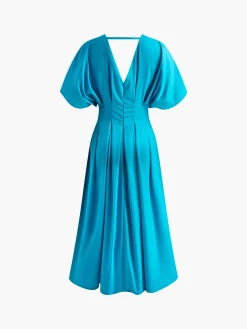 New V-Neck Pleated Bell-Sleeve Dress Casual Dresses|Cocktail & Party Dresses