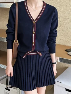 Clearance V-Neck Pleated Jersey Skirt Set Skirt Sets|Long Sleeve Sets