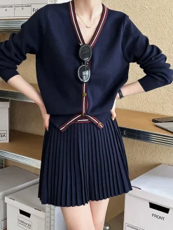 Clearance V-Neck Pleated Jersey Skirt Set Skirt Sets|Long Sleeve Sets