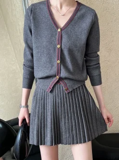 Clearance V-Neck Pleated Jersey Skirt Set Skirt Sets|Long Sleeve Sets
