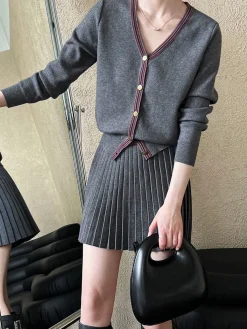 Clearance V-Neck Pleated Jersey Skirt Set Skirt Sets|Long Sleeve Sets