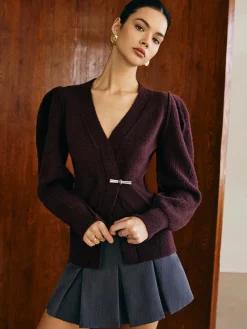 Sale V-Neck Puff-Sleeve Cardigan Cardigans|Sweaters & Cardigans