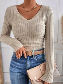 Hot V-Neck Ribbed Skinny Blouse Blouses & Shirts|Tops