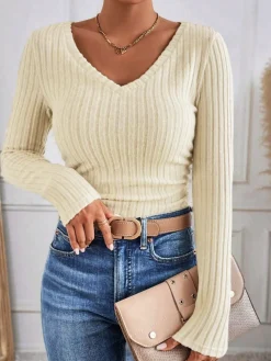 Hot V-Neck Ribbed Skinny Blouse Blouses & Shirts|Tops
