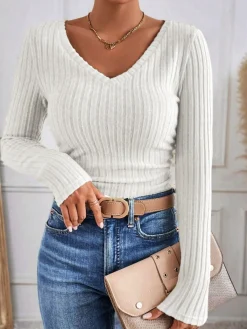 Hot V-Neck Ribbed Skinny Blouse Blouses & Shirts|Tops