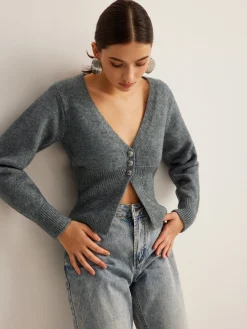 New V-Neck Ribbed Split Slim Cardigan Cardigans|Sweaters & Cardigans