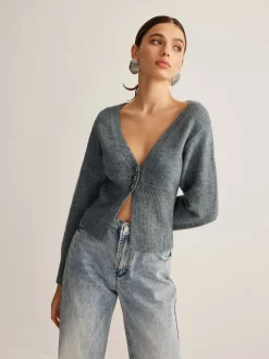 New V-Neck Ribbed Split Slim Cardigan Cardigans|Sweaters & Cardigans