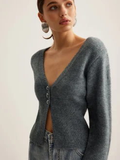 New V-Neck Ribbed Split Slim Cardigan Cardigans|Sweaters & Cardigans