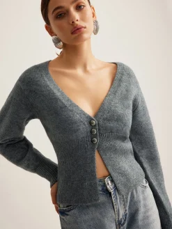 New V-Neck Ribbed Split Slim Cardigan Cardigans|Sweaters & Cardigans