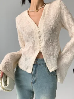 New V-Neck Ruffle Long Sleeve Blouse Blouses & Shirts|Tops