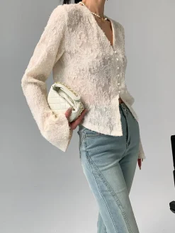 New V-Neck Ruffle Long Sleeve Blouse Blouses & Shirts|Tops