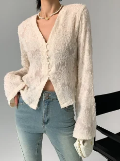 New V-Neck Ruffle Long Sleeve Blouse Blouses & Shirts|Tops