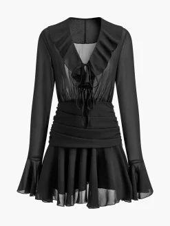 Clearance V-Neck Ruffle Pleated Chiffon Dress Black Dresses|Casual Dresses