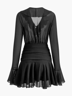 Clearance V-Neck Ruffle Pleated Chiffon Dress Black Dresses|Casual Dresses