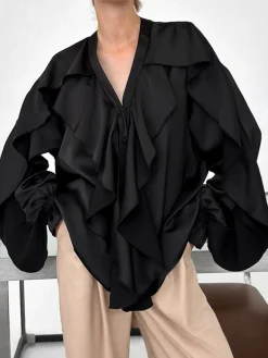 Online V-Neck Ruffle Thin Blouse Blouses & Shirts|Tops