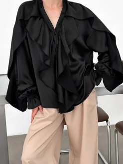 Online V-Neck Ruffle Thin Blouse Blouses & Shirts|Tops