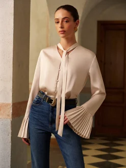 Hot V-Neck Satin Pleated Shirt With Ribbon Tops