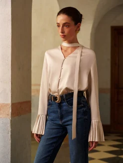Hot V-Neck Satin Pleated Shirt With Ribbon Tops