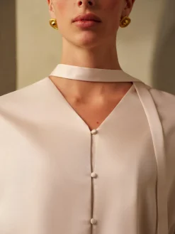 Hot V-Neck Satin Pleated Shirt With Ribbon Tops