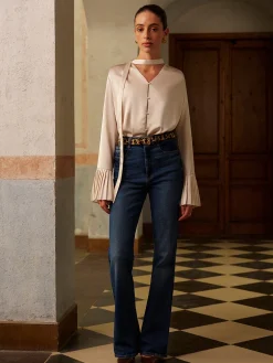Hot V-Neck Satin Pleated Shirt With Ribbon Tops