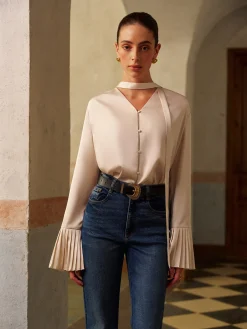 Hot V-Neck Satin Pleated Shirt With Ribbon Tops