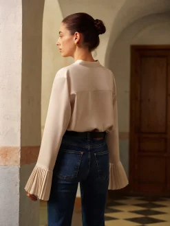 Hot V-Neck Satin Pleated Shirt With Ribbon Tops