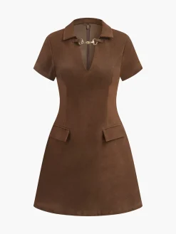 Best V-Neck Short Sleeve Suede Dress Casual Dresses|Work Dresses