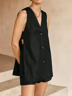 Online V-neck Sleeveless Vest with High-waisted Shorts Set Shorts Sets|Shorts