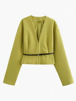 New V-Neck Slim Belted Blazer Outerwear|Blazers